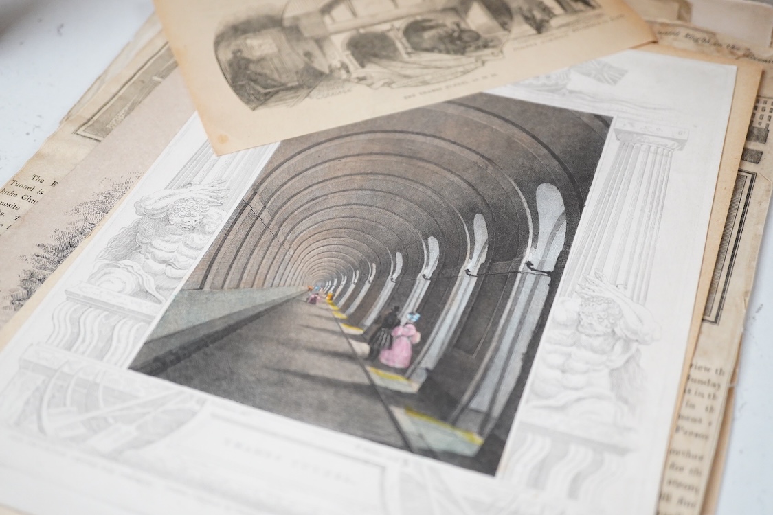 A collection of early to mid 19th century newspaper cuttings and engravings related to Marc Brunel’s Thames Tunnel, including contemporary reports and French reports, The Mirror, dated Saturday May 22, 1824, a contempora